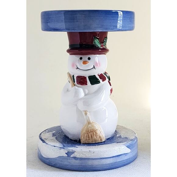 CANDLE HOLDER-HOME INTERIORS-Pillar Candle-Snowman-Sparkle-Holiday-Ceramic - Picture 2 of 9